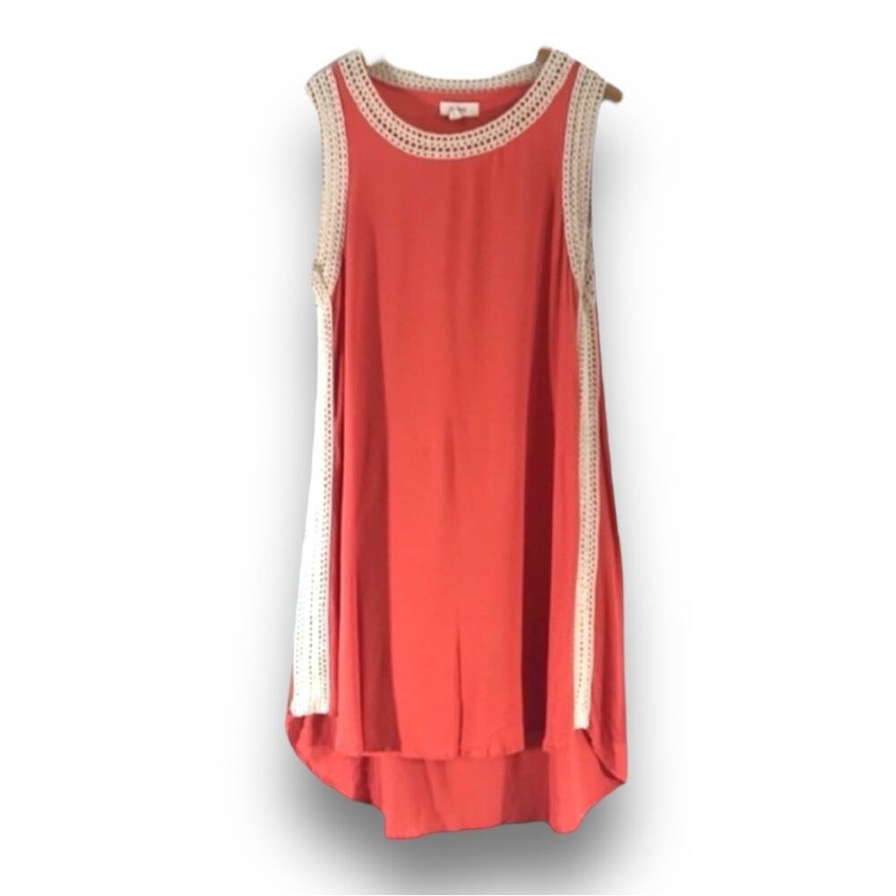 FREEWAY Orange sleeveless cotton shift dress or coverup beige crochet trim SZ L